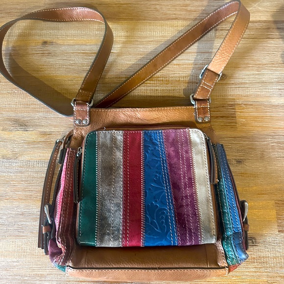 FOSSIL Suede Leather Multicolor Stripe 90s Patchwork Crossbody Bag - Picture 1 of 4